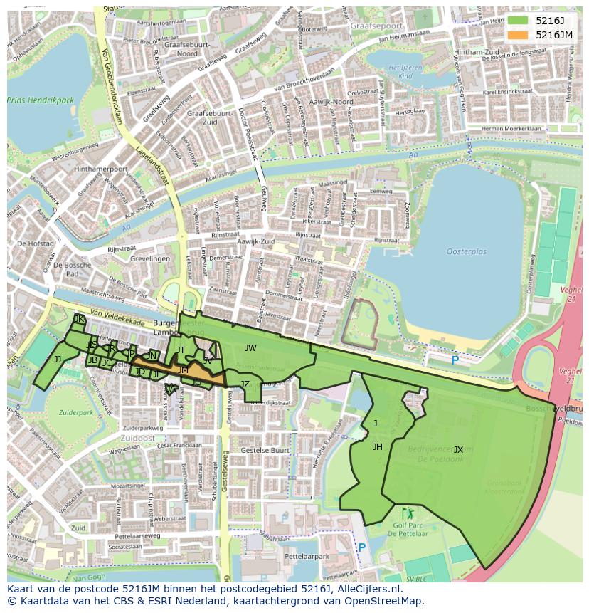 Afbeelding van het postcodegebied 5216 JM op de kaart.