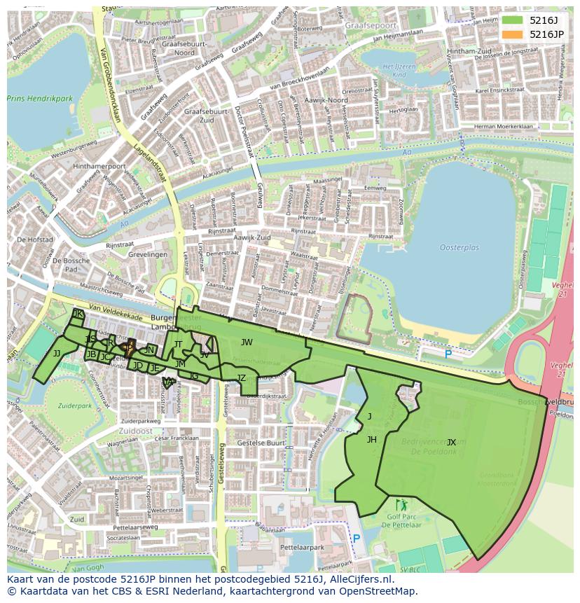 Afbeelding van het postcodegebied 5216 JP op de kaart.