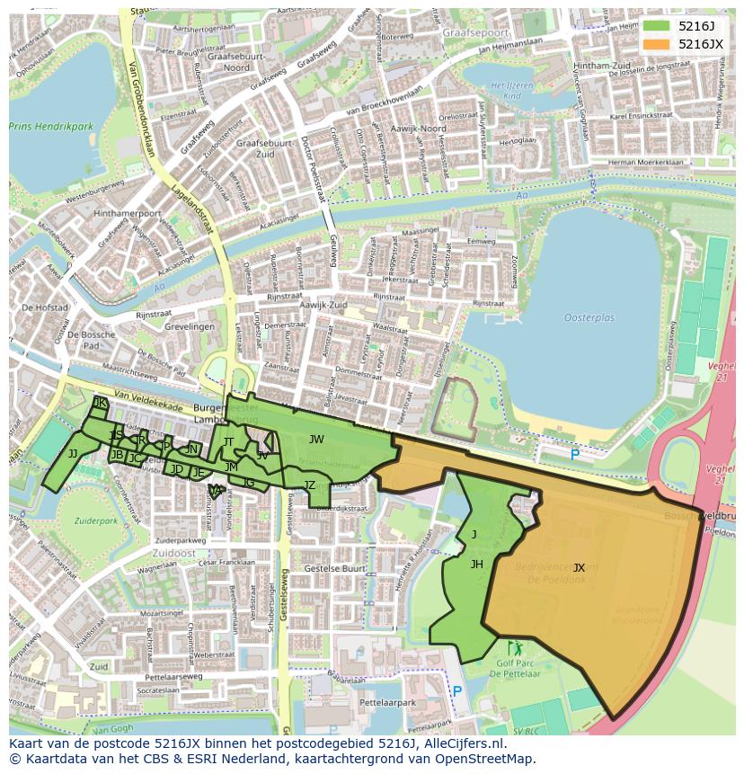Afbeelding van het postcodegebied 5216 JX op de kaart.