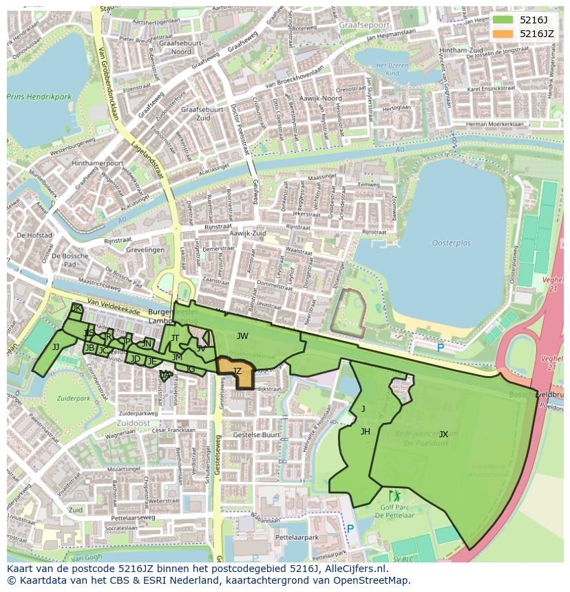 Afbeelding van het postcodegebied 5216 JZ op de kaart.