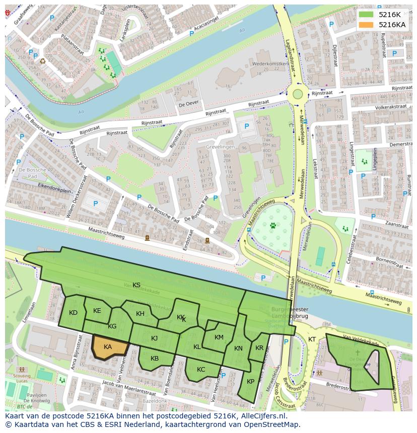 Afbeelding van het postcodegebied 5216 KA op de kaart.