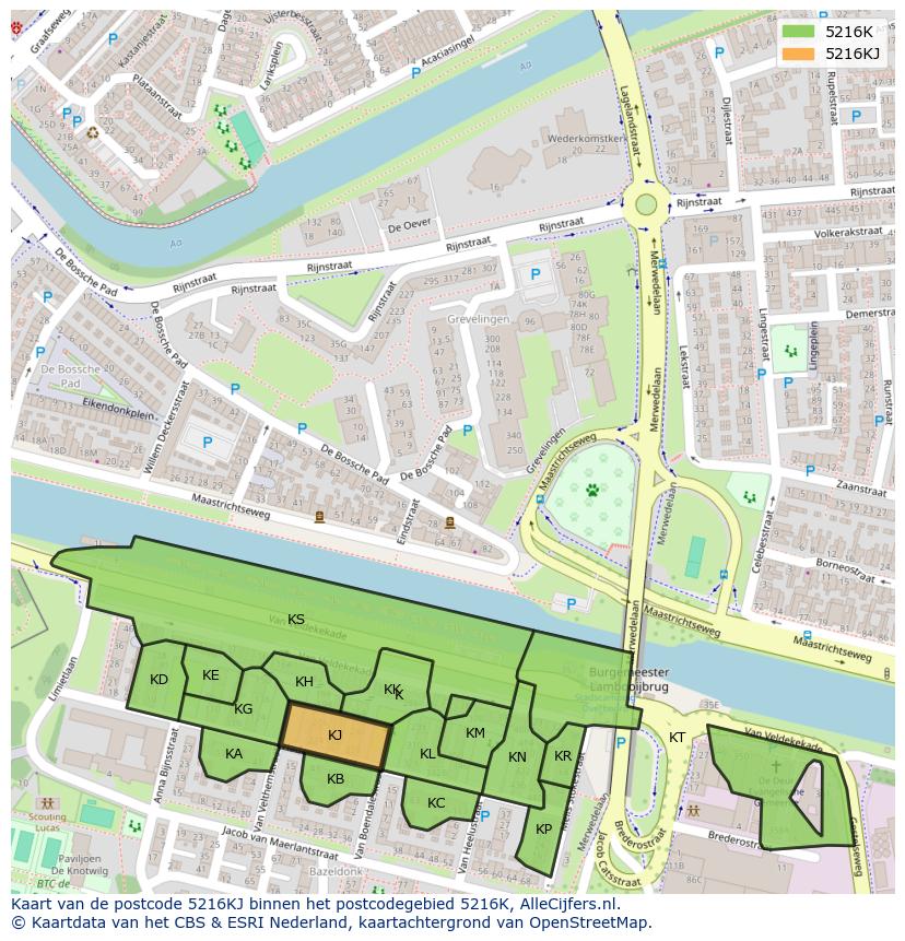 Afbeelding van het postcodegebied 5216 KJ op de kaart.