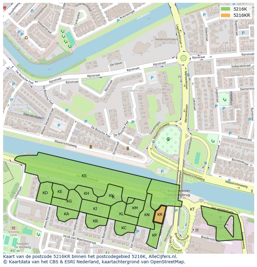 Afbeelding van het postcodegebied 5216 KR op de kaart.