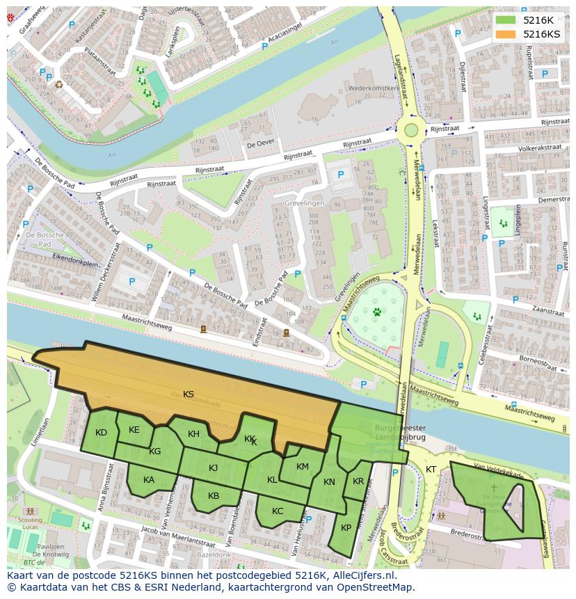 Afbeelding van het postcodegebied 5216 KS op de kaart.