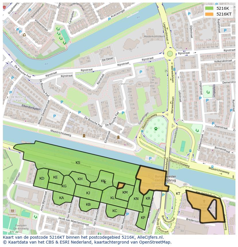 Afbeelding van het postcodegebied 5216 KT op de kaart.