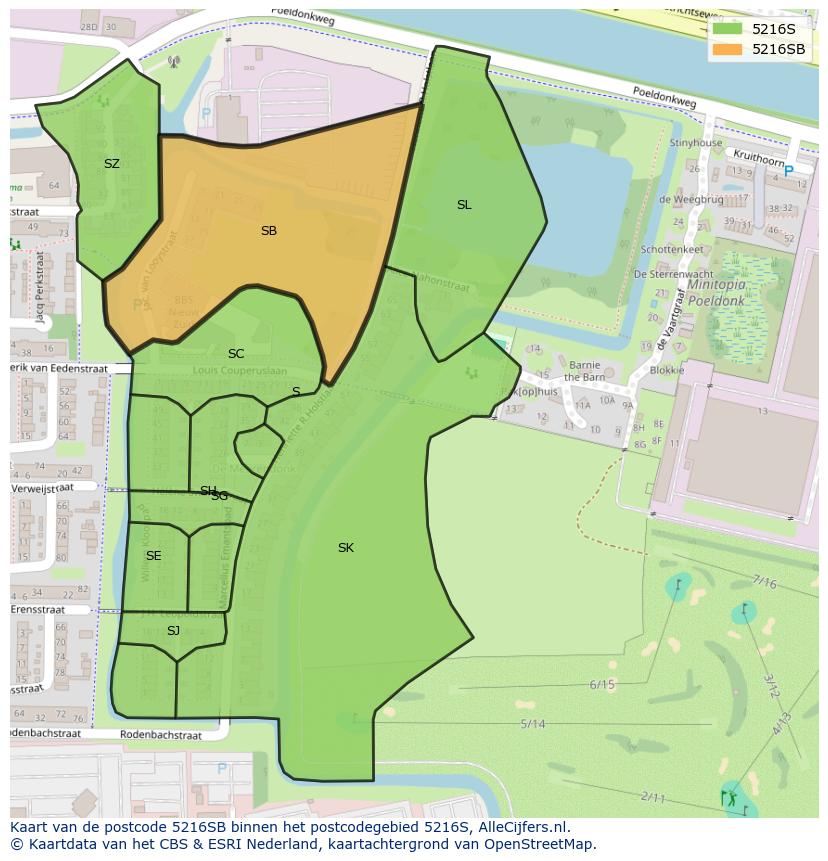 Afbeelding van het postcodegebied 5216 SB op de kaart.