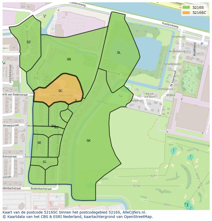 Afbeelding van het postcodegebied 5216 SC op de kaart.