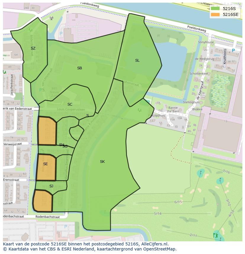Afbeelding van het postcodegebied 5216 SE op de kaart.