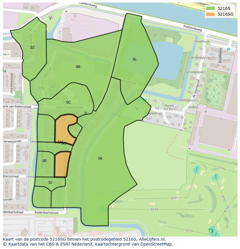Afbeelding van het postcodegebied 5216 SG op de kaart.