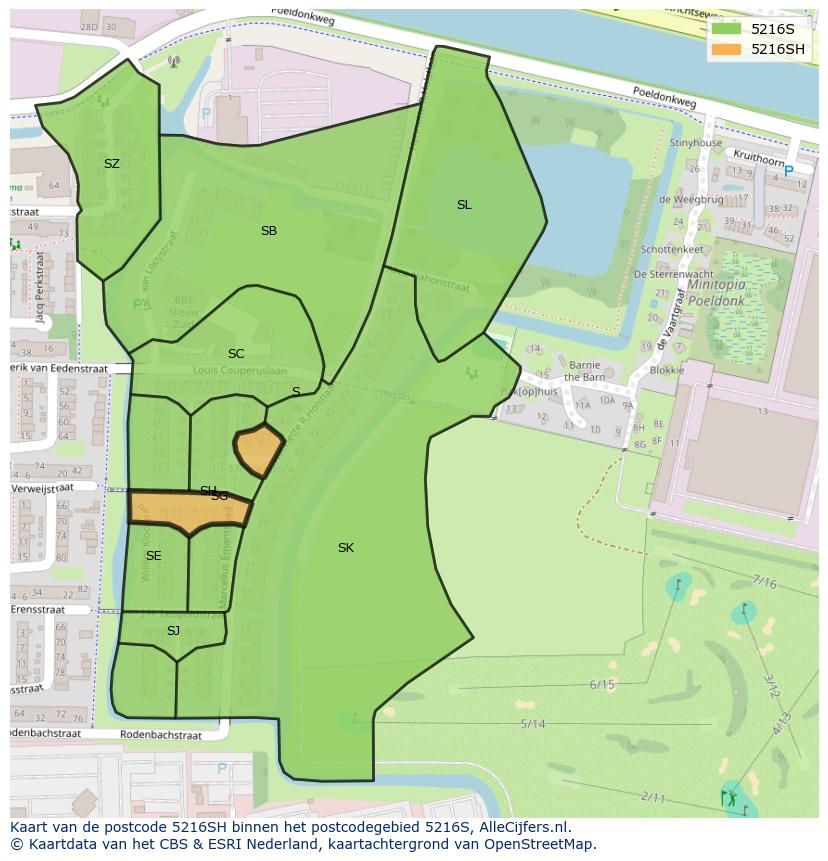 Afbeelding van het postcodegebied 5216 SH op de kaart.