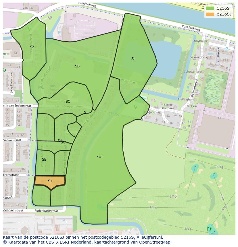 Afbeelding van het postcodegebied 5216 SJ op de kaart.