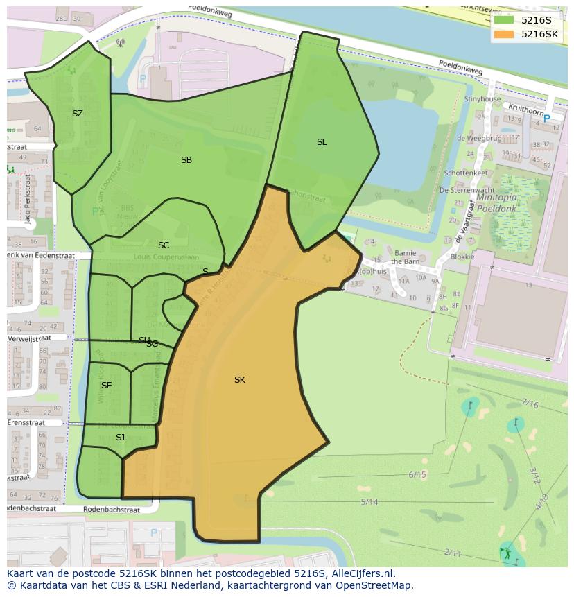 Afbeelding van het postcodegebied 5216 SK op de kaart.