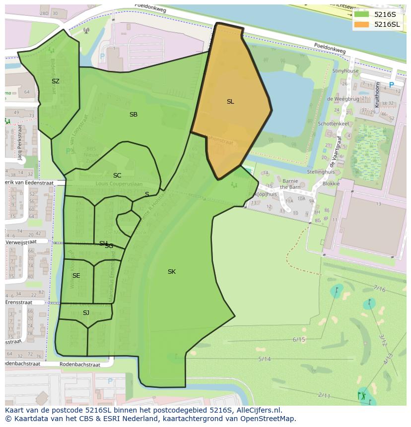 Afbeelding van het postcodegebied 5216 SL op de kaart.