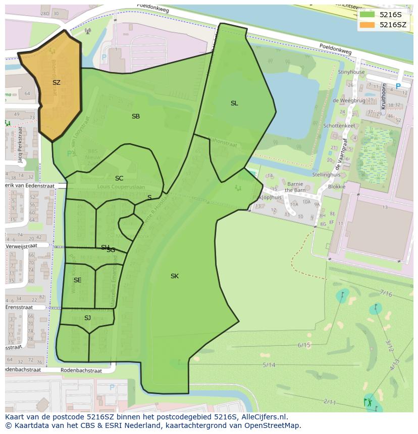 Afbeelding van het postcodegebied 5216 SZ op de kaart.