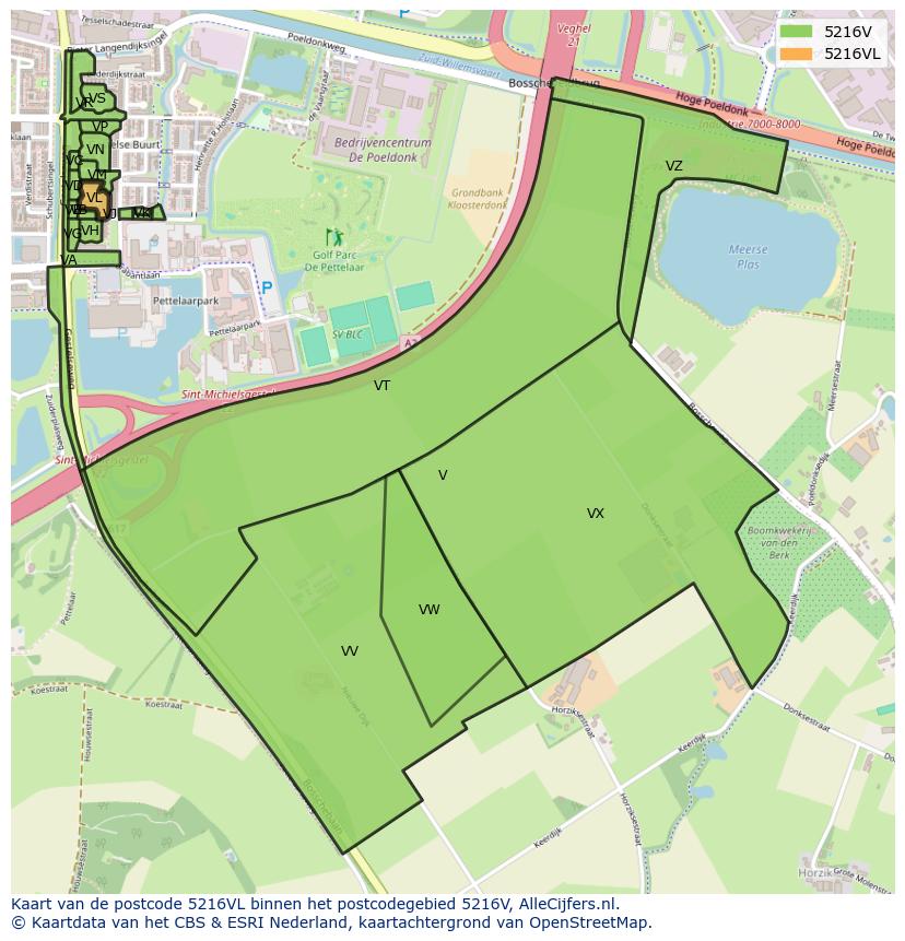Afbeelding van het postcodegebied 5216 VL op de kaart.