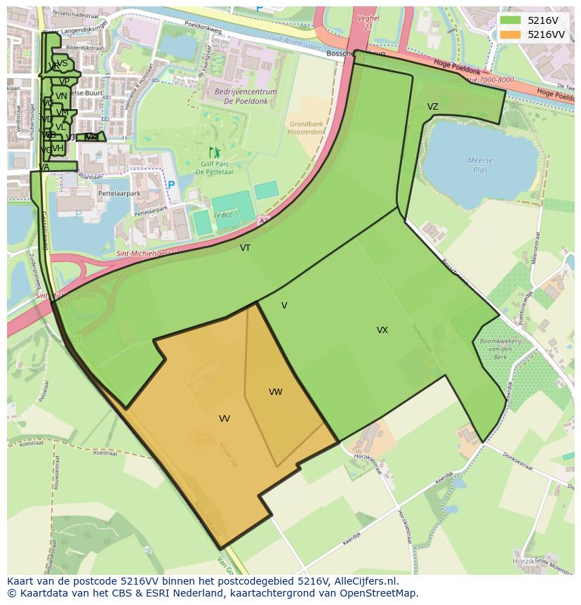 Afbeelding van het postcodegebied 5216 VV op de kaart.