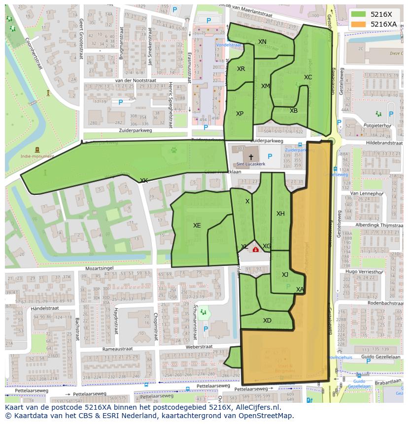 Afbeelding van het postcodegebied 5216 XA op de kaart.