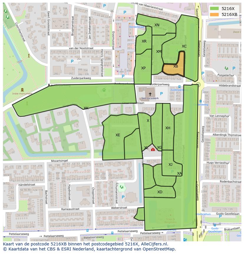 Afbeelding van het postcodegebied 5216 XB op de kaart.