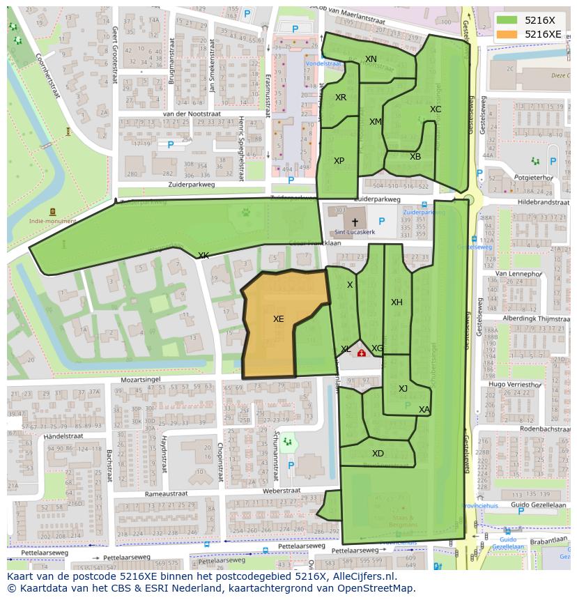 Afbeelding van het postcodegebied 5216 XE op de kaart.