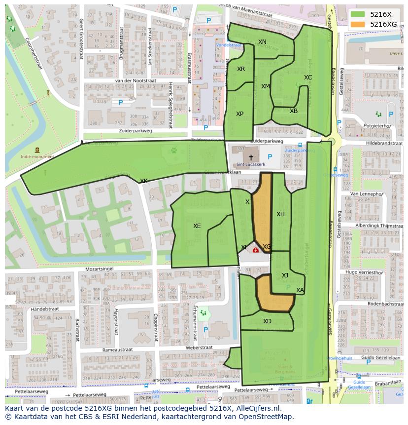 Afbeelding van het postcodegebied 5216 XG op de kaart.