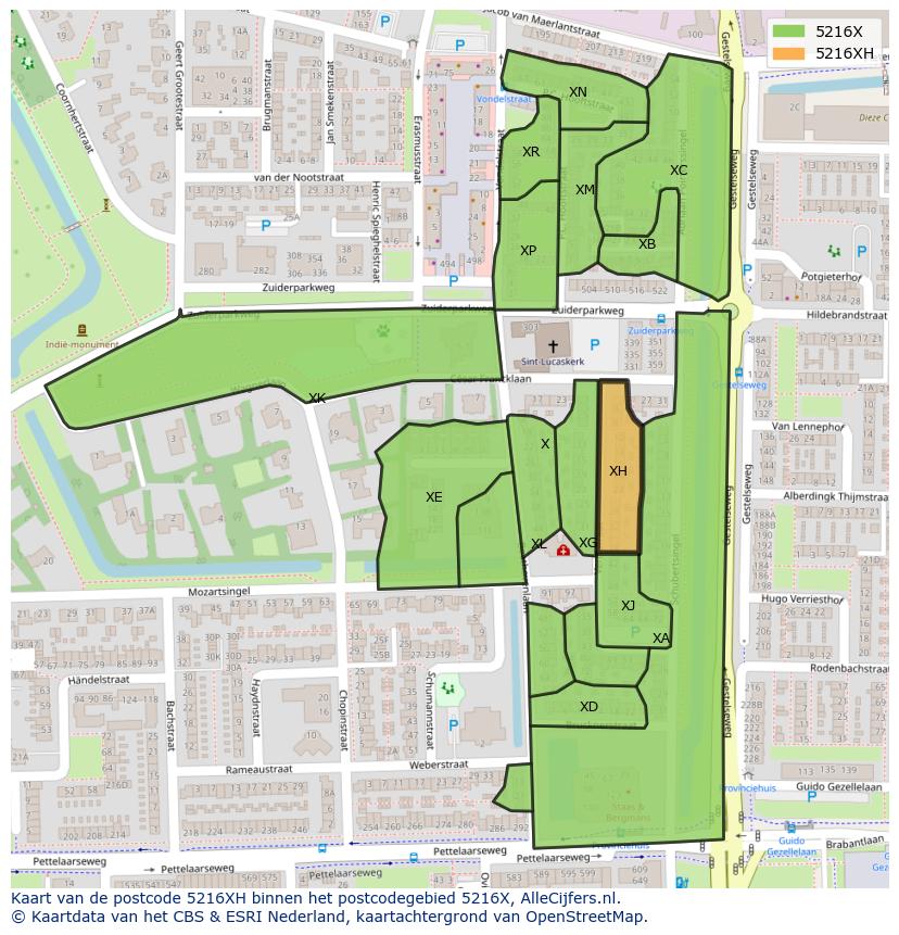 Afbeelding van het postcodegebied 5216 XH op de kaart.