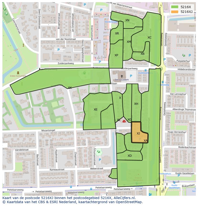Afbeelding van het postcodegebied 5216 XJ op de kaart.