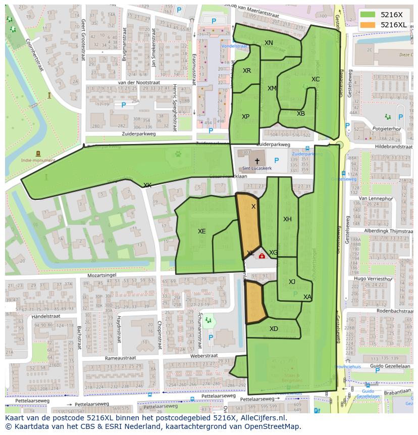 Afbeelding van het postcodegebied 5216 XL op de kaart.