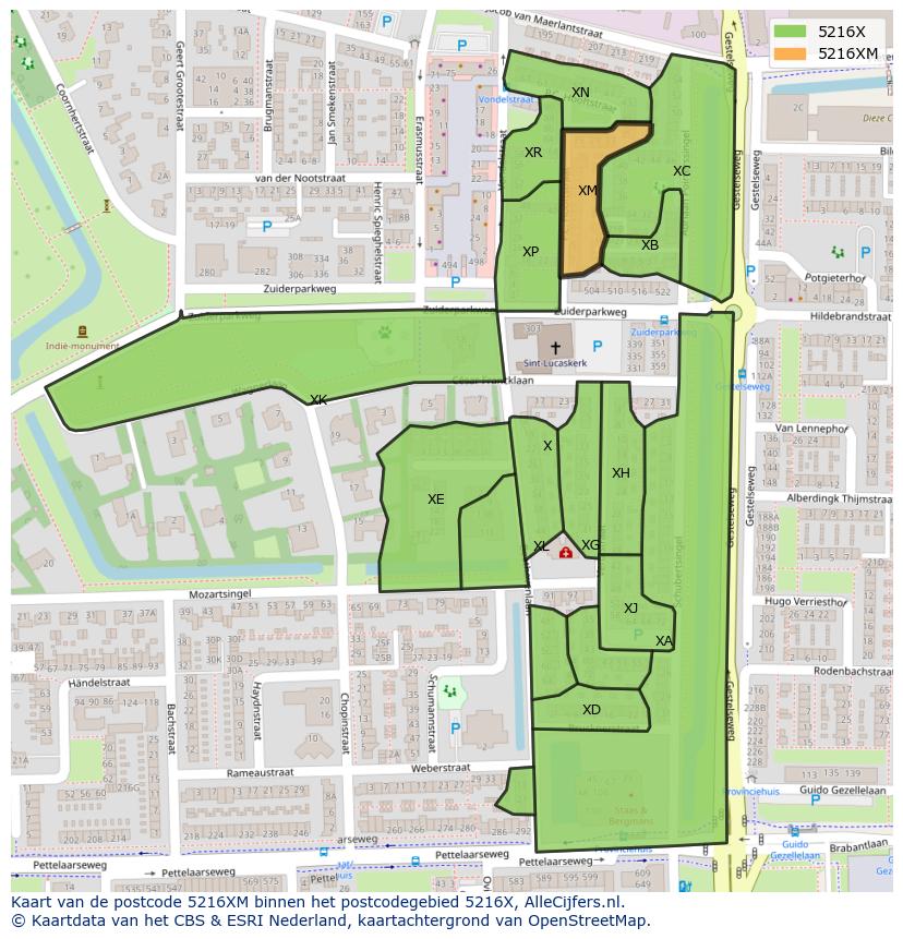 Afbeelding van het postcodegebied 5216 XM op de kaart.