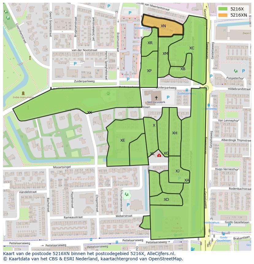 Afbeelding van het postcodegebied 5216 XN op de kaart.