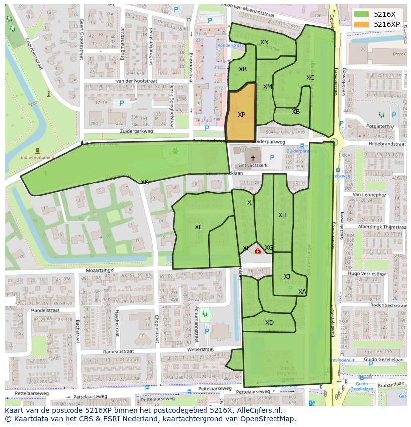 Afbeelding van het postcodegebied 5216 XP op de kaart.
