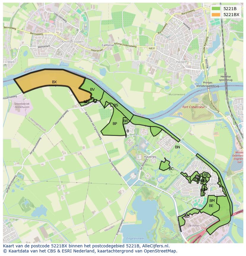 Afbeelding van het postcodegebied 5221 BX op de kaart.
