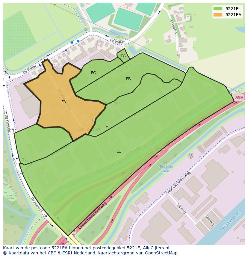 Afbeelding van het postcodegebied 5221 EA op de kaart.