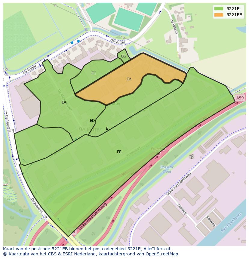 Afbeelding van het postcodegebied 5221 EB op de kaart.