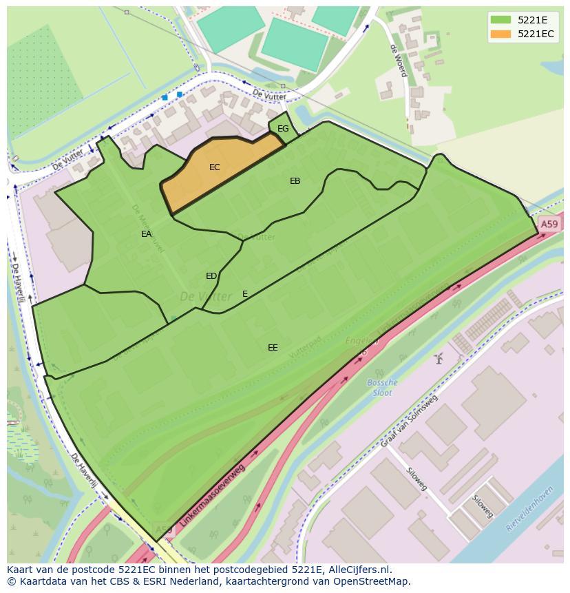 Afbeelding van het postcodegebied 5221 EC op de kaart.