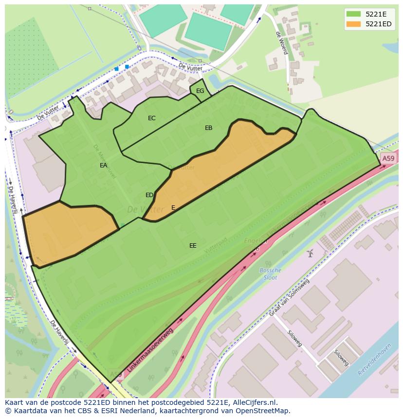 Afbeelding van het postcodegebied 5221 ED op de kaart.