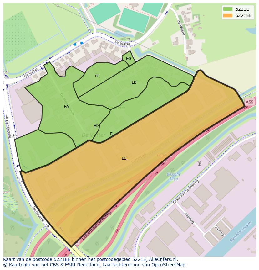 Afbeelding van het postcodegebied 5221 EE op de kaart.