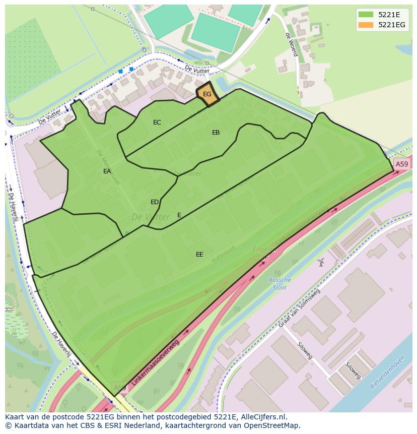 Afbeelding van het postcodegebied 5221 EG op de kaart.