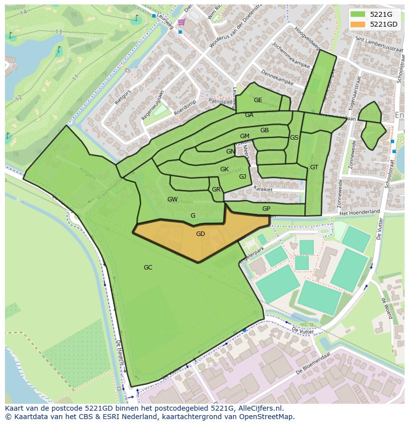 Afbeelding van het postcodegebied 5221 GD op de kaart.