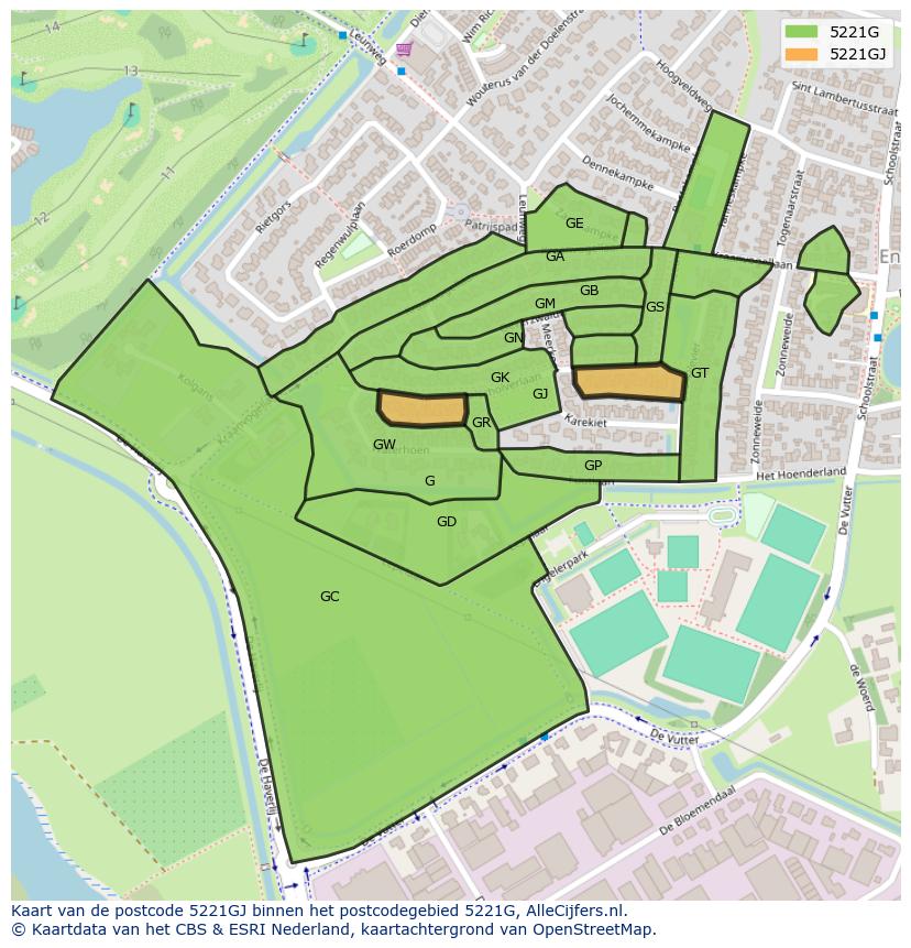 Afbeelding van het postcodegebied 5221 GJ op de kaart.
