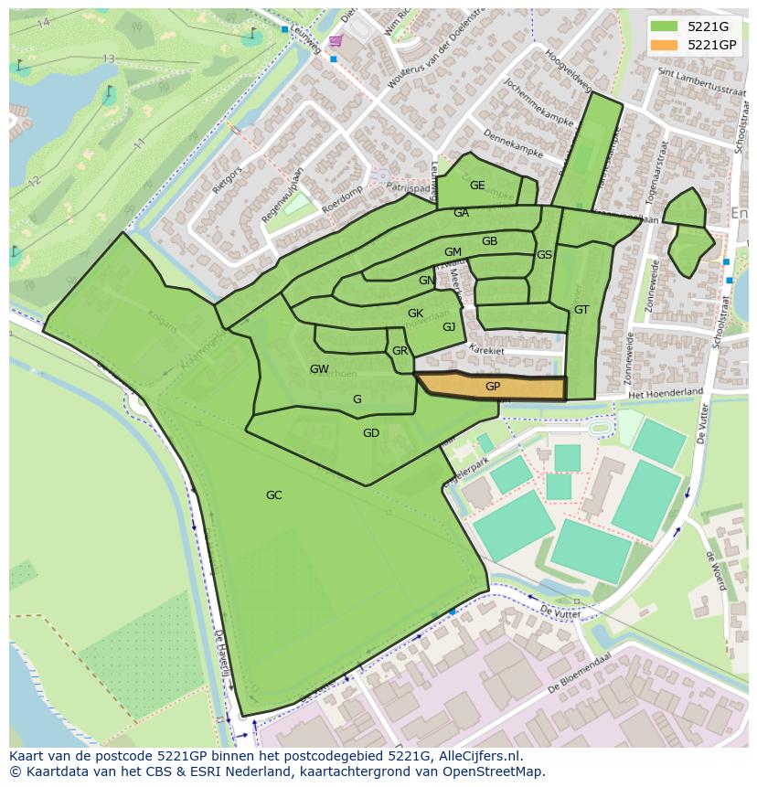 Afbeelding van het postcodegebied 5221 GP op de kaart.
