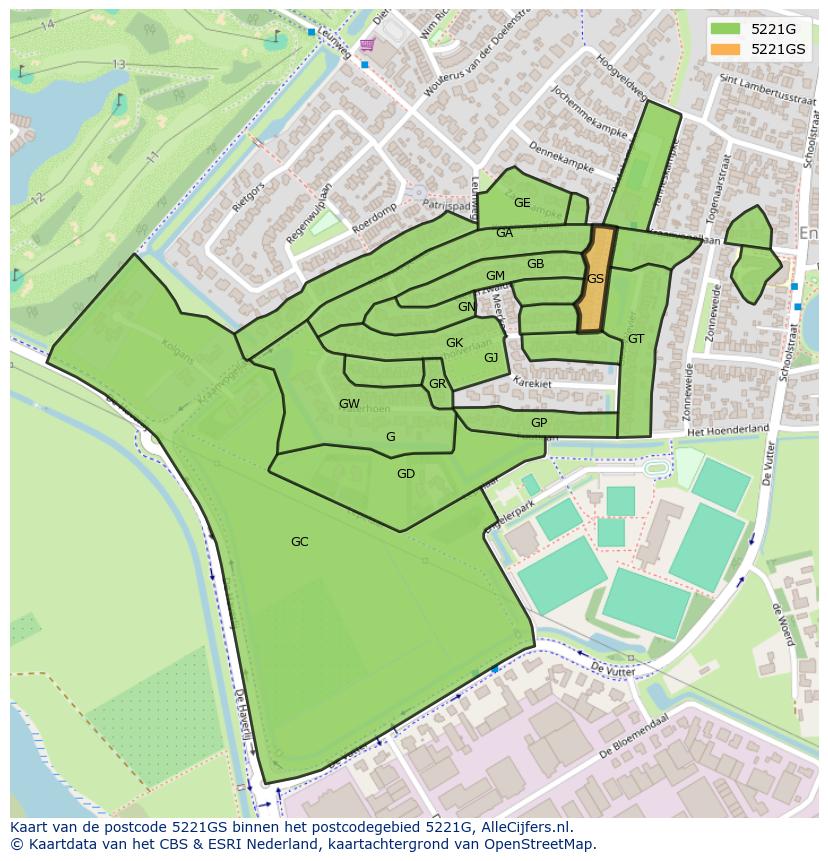 Afbeelding van het postcodegebied 5221 GS op de kaart.