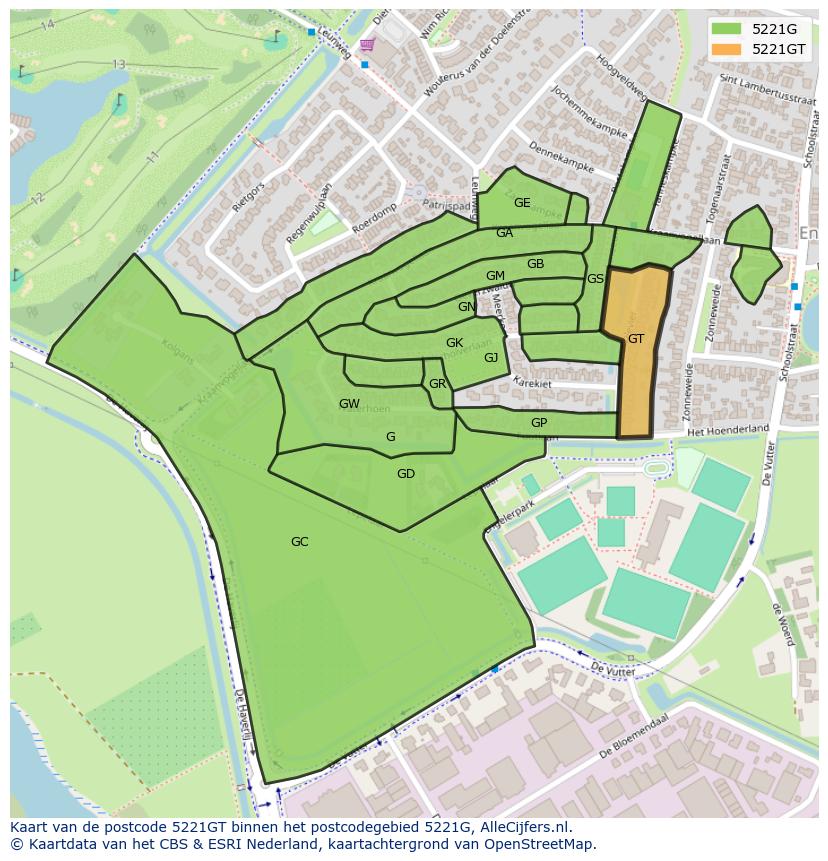 Afbeelding van het postcodegebied 5221 GT op de kaart.