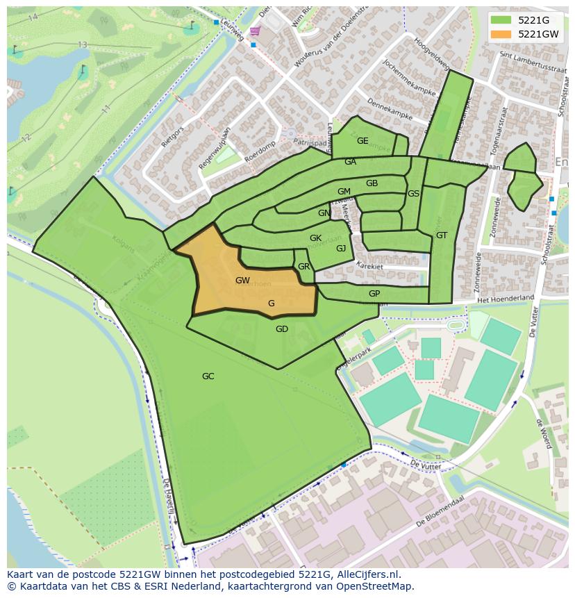 Afbeelding van het postcodegebied 5221 GW op de kaart.