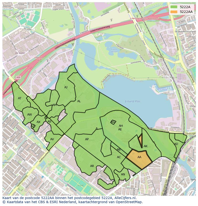 Afbeelding van het postcodegebied 5222 AA op de kaart.