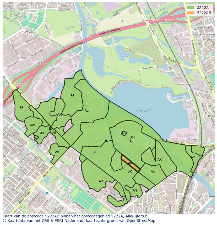 Afbeelding van het postcodegebied 5222 AB op de kaart.