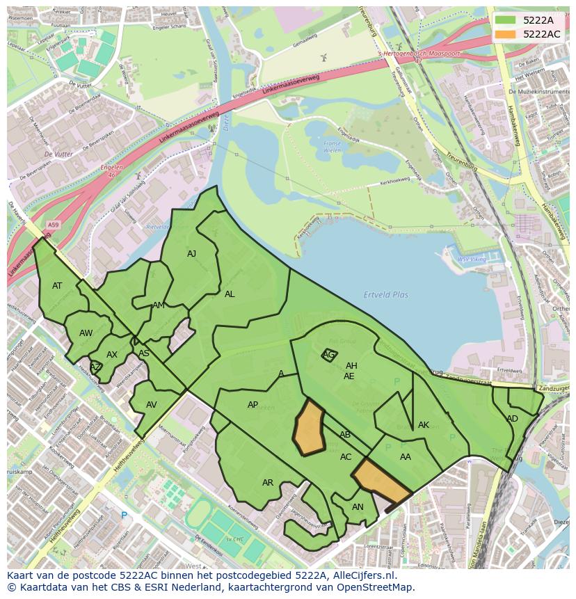Afbeelding van het postcodegebied 5222 AC op de kaart.