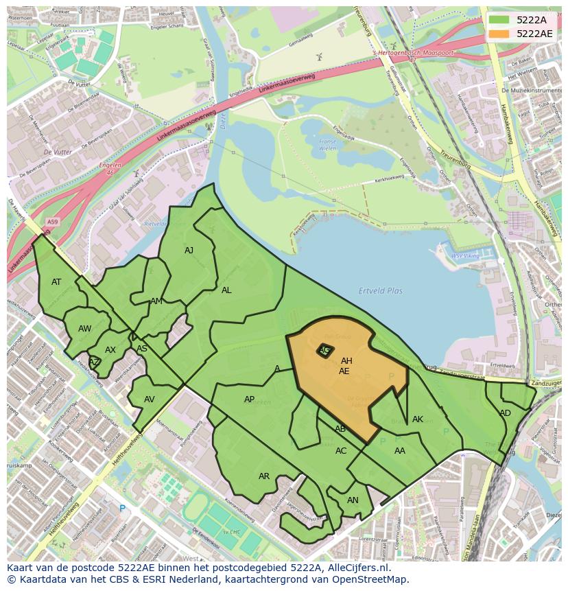 Afbeelding van het postcodegebied 5222 AE op de kaart.