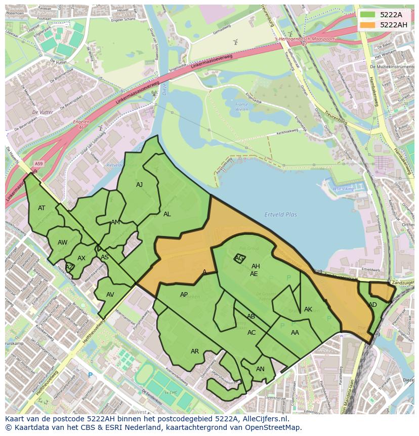 Afbeelding van het postcodegebied 5222 AH op de kaart.