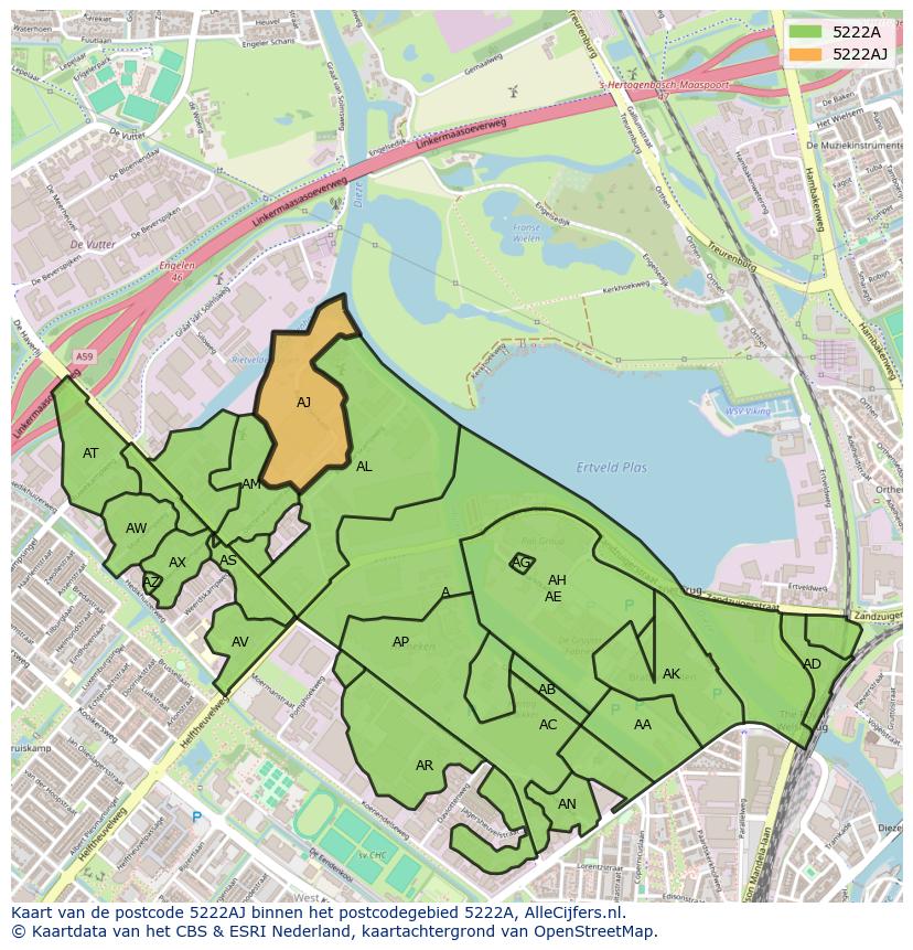 Afbeelding van het postcodegebied 5222 AJ op de kaart.