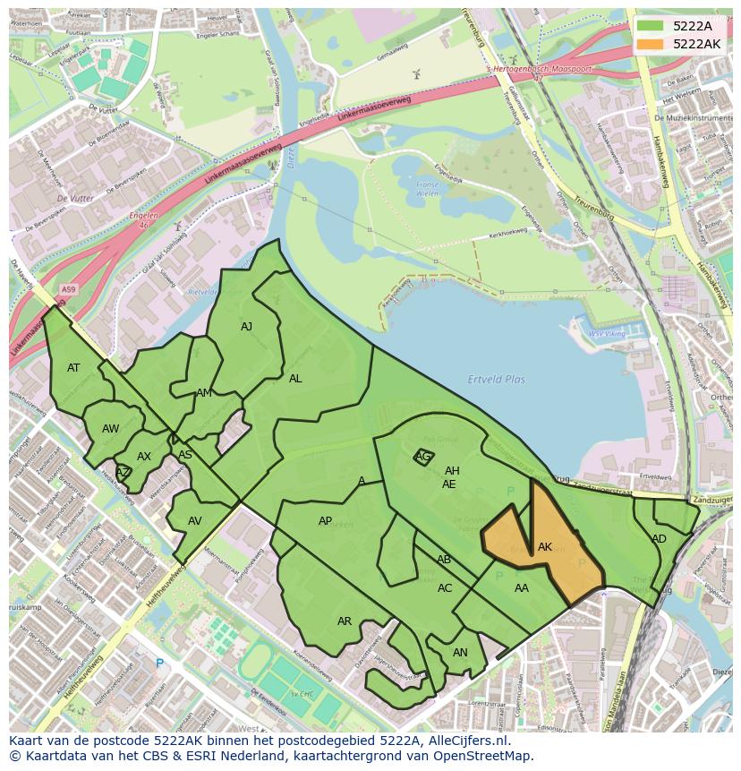 Afbeelding van het postcodegebied 5222 AK op de kaart.